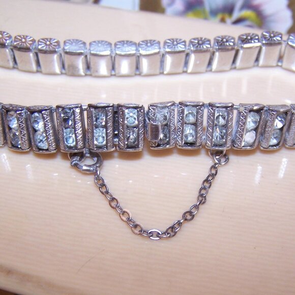 Art Deco Catamore Sterling Silver Rhinestone Line Bracelet - 7" Long - Picture 8 of 11